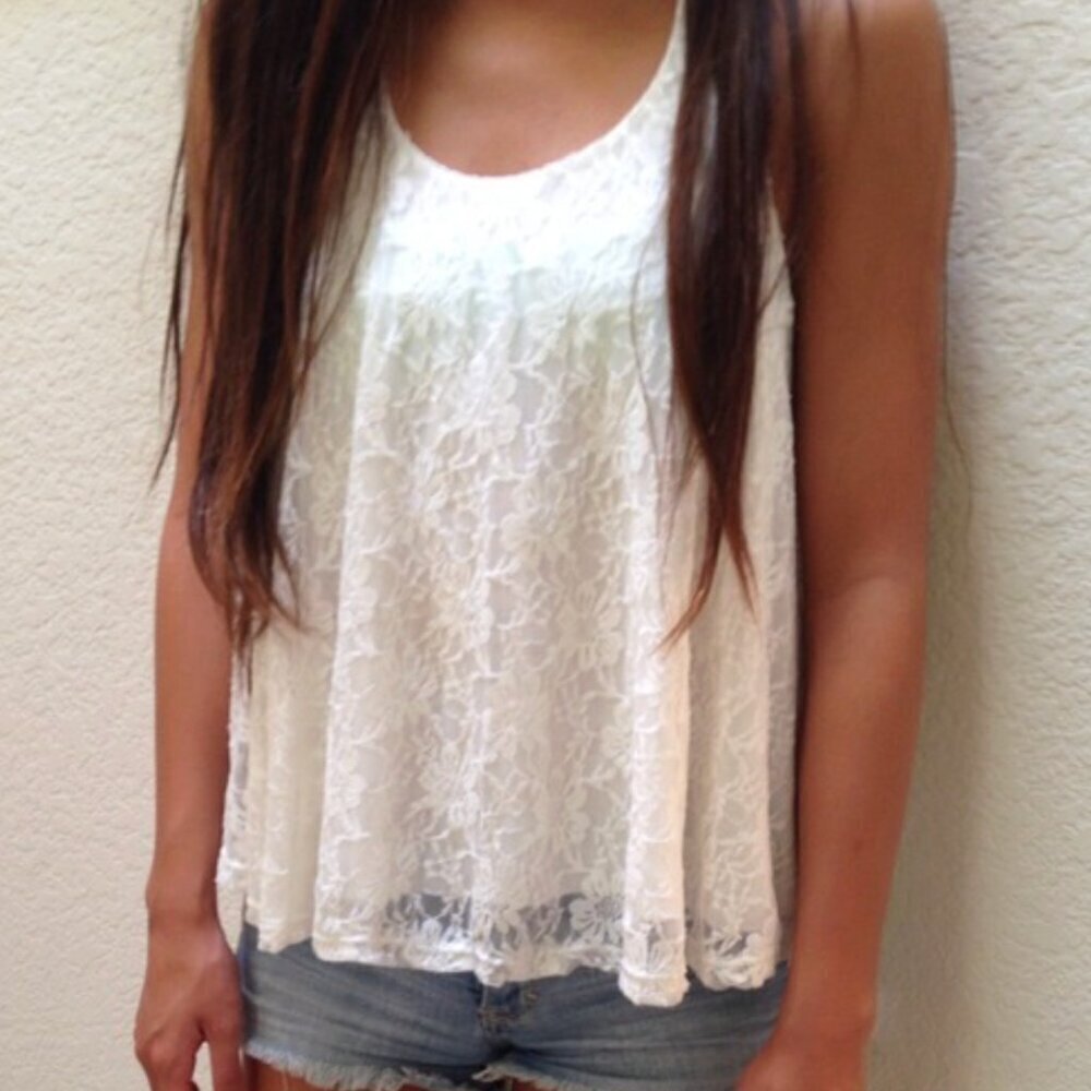 FOREVER 21 White Floral Lace Front / Solid Back Mixed Media Twee Racerback Tank